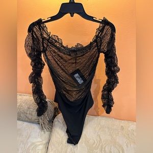PLT black heart mesh Bardot bodysuit